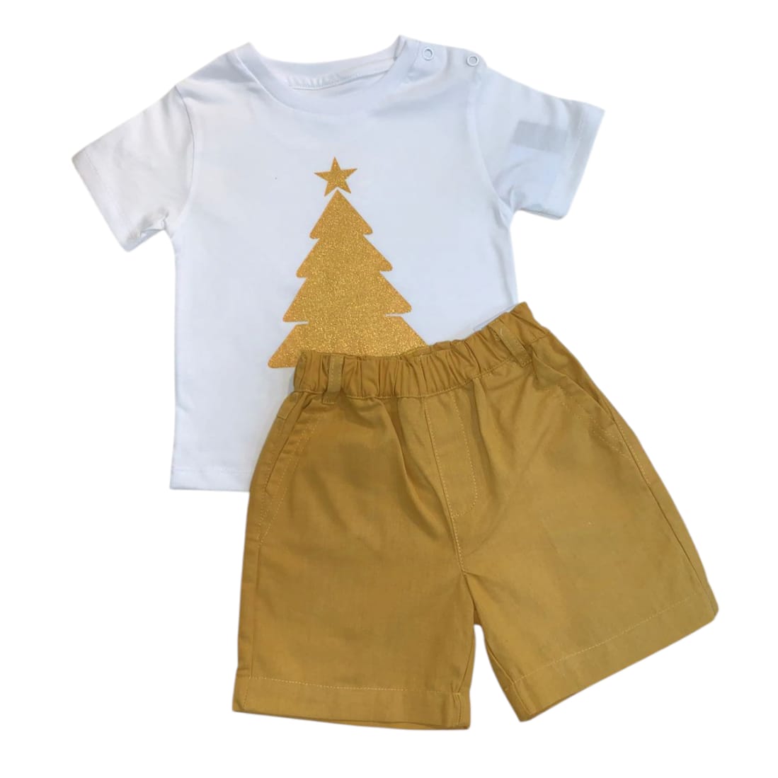 White T - Shirt with Tree Print & Mustard Yellow Pocketing Short Set