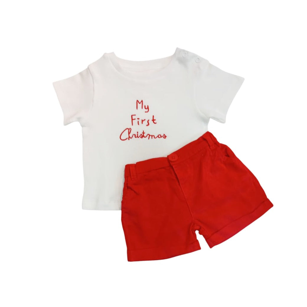 "My First Christmas" Embroidered T - Shirt & Red Short