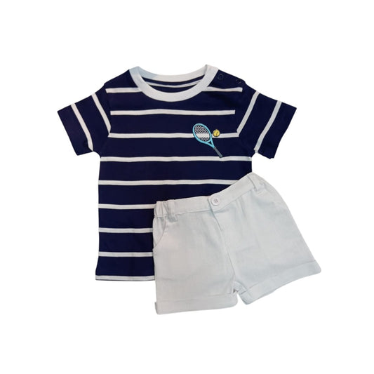 Blue Stripe badminton racket embroidered T - Shirt with White short