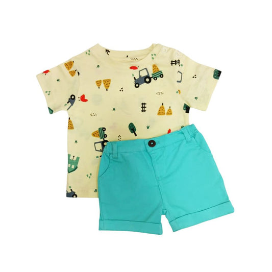 Yellow Farm Themed T - Shirt with Aqua Green Short Set