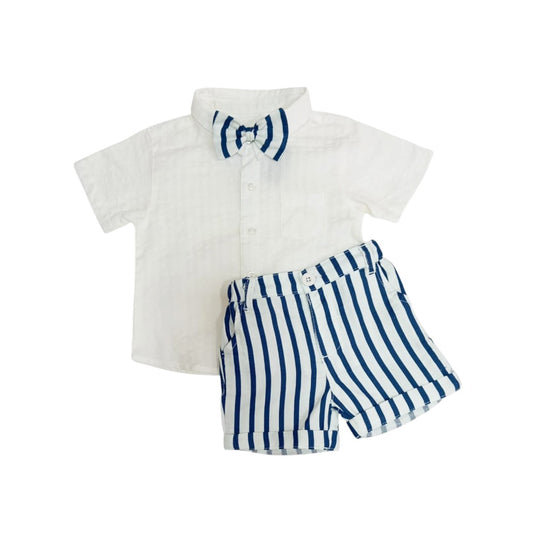 Boy's White Shirt with Dark Blue Stripe Short & Bow