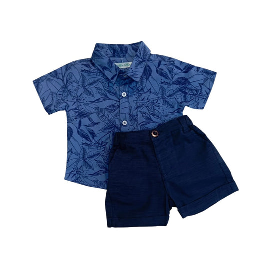 Dark Blue Leaf Print Shirt with Short Set