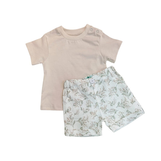 Beige T - Shirt with Flower Print Short