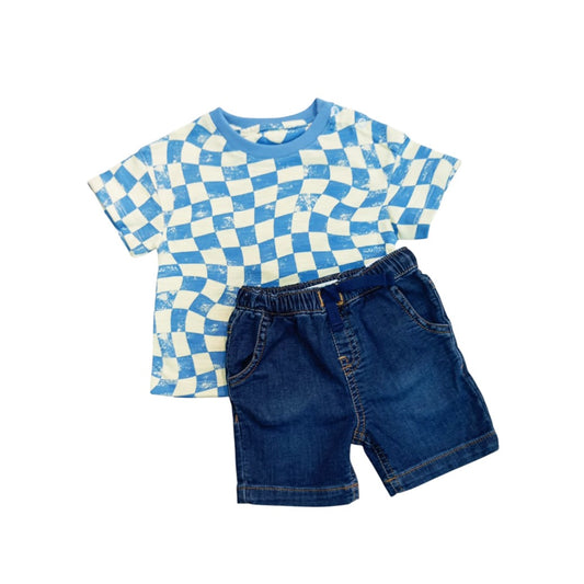 Square Print T - Shirt with Denim Short