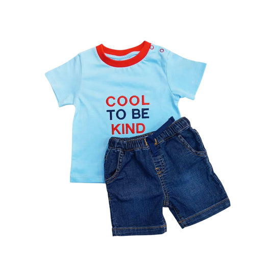 Light Blue "Cool to be Kind" T Shirt with Denim Short