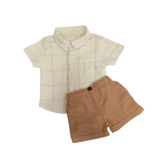 Cream Check Shirt with Copper Brown Short Set