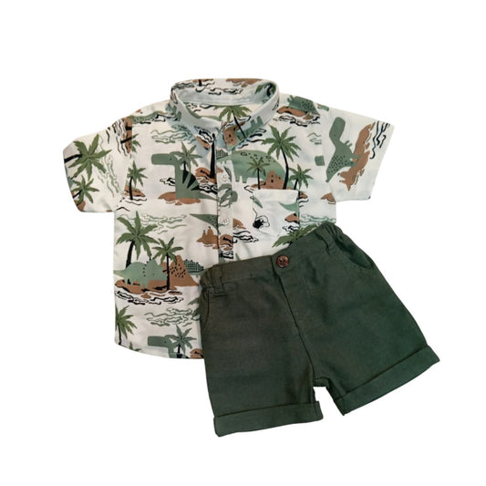 Dinosaur & Palm Tree Print Shirt with Dark Green Short