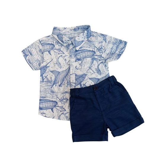 Blue Fish Print Shirt with Dark Blue Short