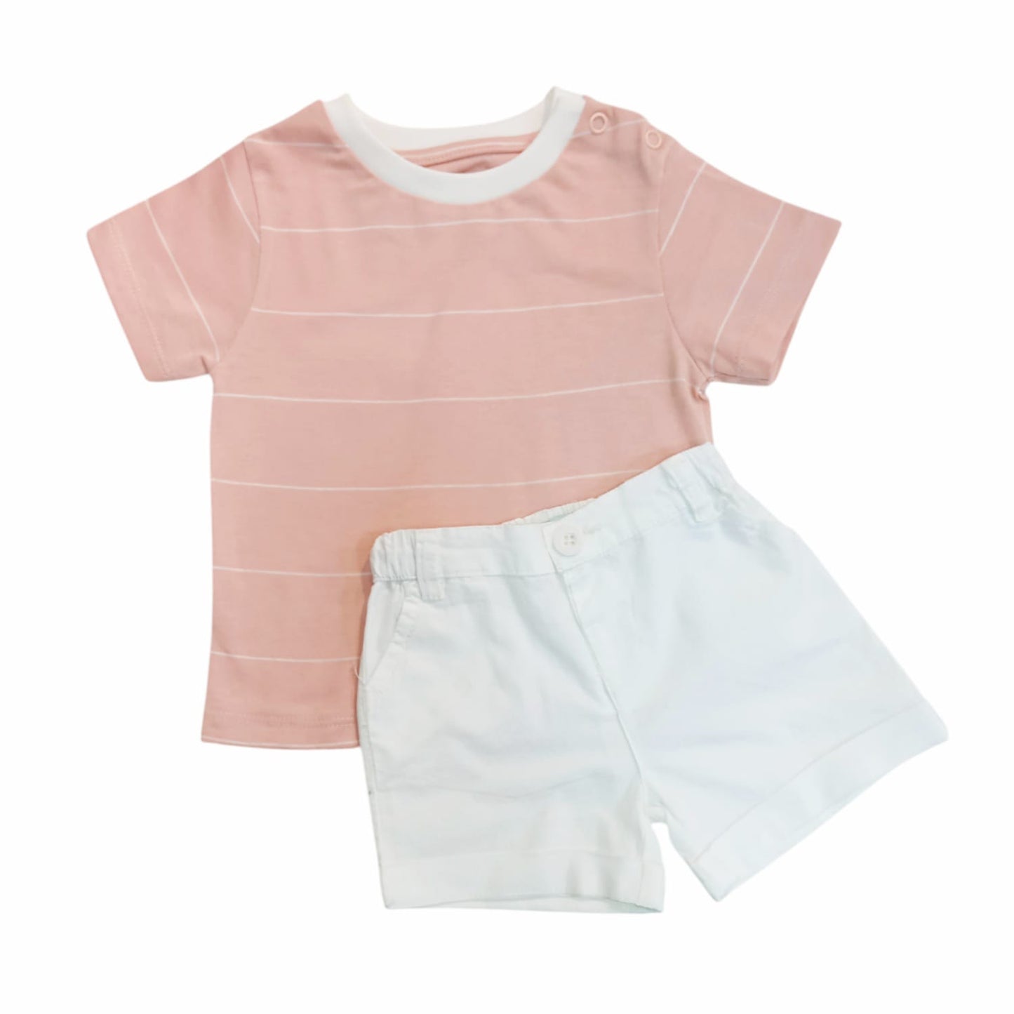 Salmon Pink  Stripe T - Shirt with White Short