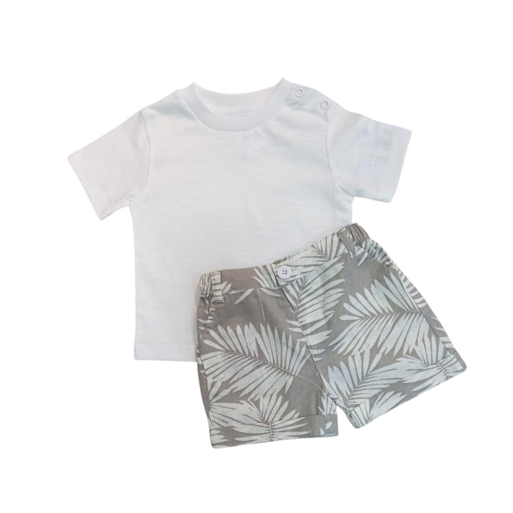 Light Ash Leaf Print Short with White T - Shirt