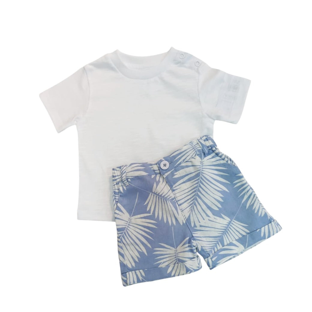 Light Blue Leaf Print Short with White T - Shirt