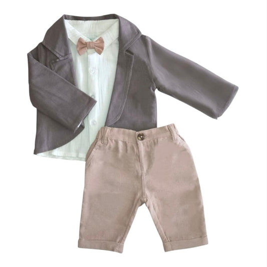 Boy's Formal Blazer Set with Long Sleeve Shirt, Pant & Bow - Rosy Brown & Grey