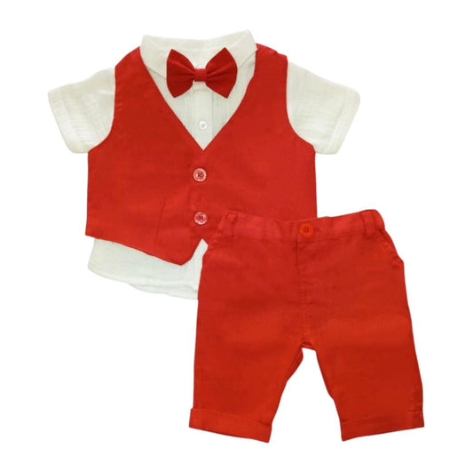 Boy's Waist Coat with Shirt, Pant & Bow - Red & White