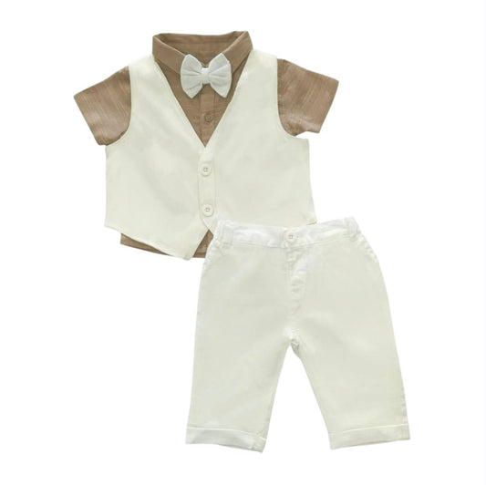 Boy's Waist Coat with Shirt, Pant & Bow - White & Brown