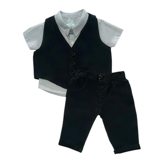 Boy's Waist Coat with Shirt & Pant - Black & Ash