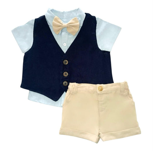 Boy's Waist Coat with Shirt, Short & Bow - Blue & Beige