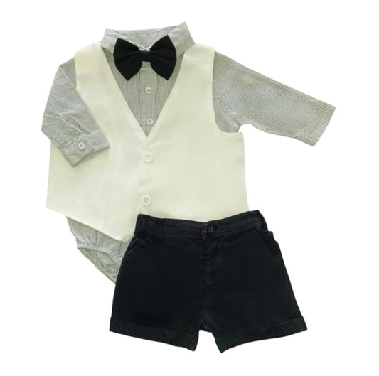 Boy's Strip Dungaree Shirt with Waist Coat, Short & Bow - Black & White