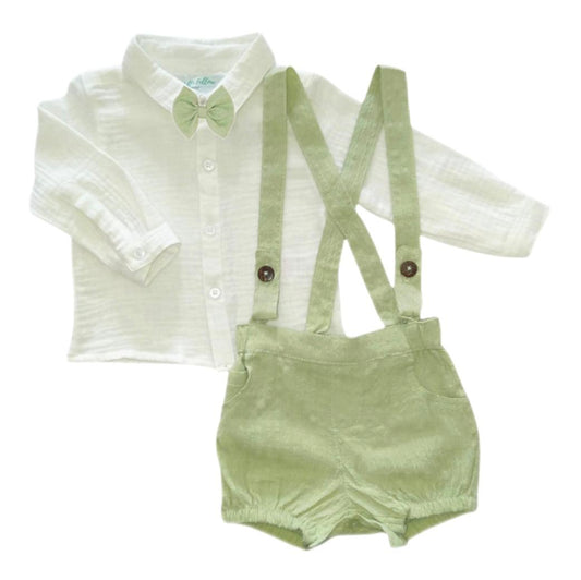 Light Green Dungaree, White Long Sleeve Shirt & Bow