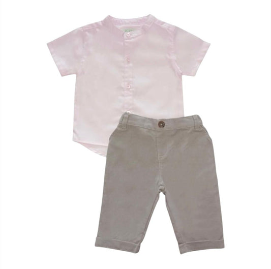 Light Pink Chinese Collar Shirt with Gray Pant