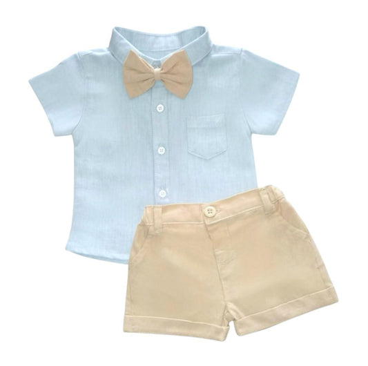 Boy's Shirt & Short with A Bow - Beige & Light Blue