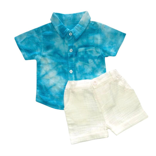Blue Batik Shirt with Off White Short