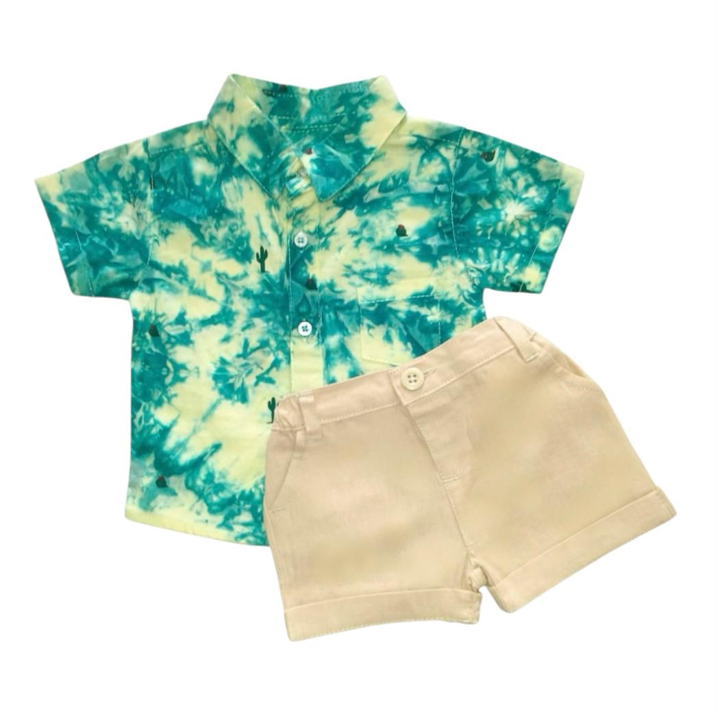 Teal & Yellow Tie-Dye Shirt with Beige Short