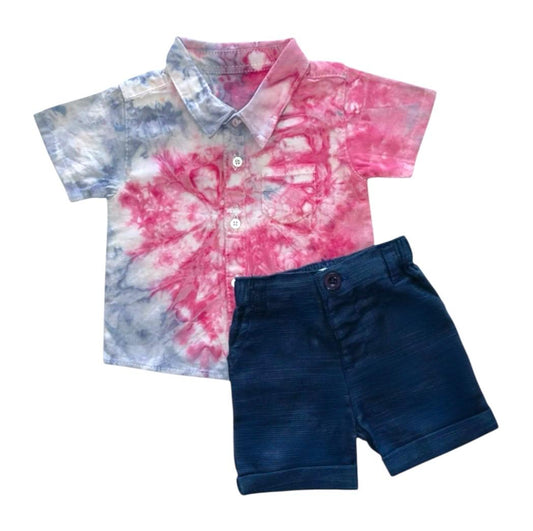 Blue & Pink Tie - Dye Shirt with Blue Short