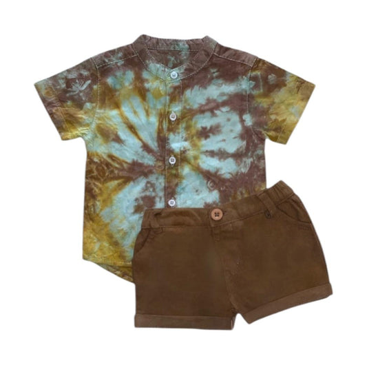 Earth - Tone Tie Dye Chinese Collar Shirt with Brown Short