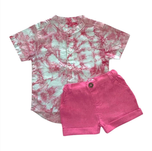 Pink Tie - Dye Chinese Collar Shirt with Short