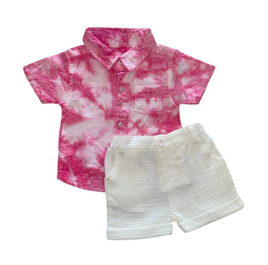 Pink & White Tie - Dye Shirt with White Short