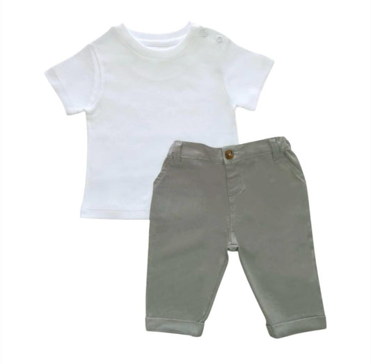 White T - Shirt with Ash Green Pant