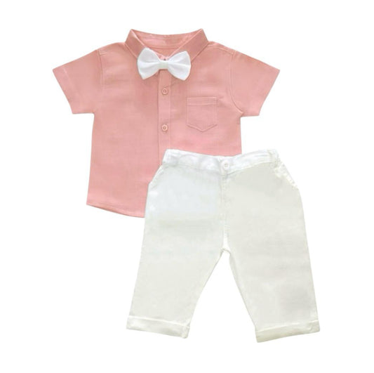 Boy's Outfit - Pink Shirt, White Pant & Bow