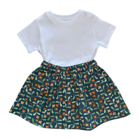Girl's Green Floral Skirt with White T - Shirt