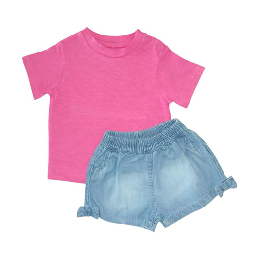 Pink T - Shirt with Light Blue Denim Short