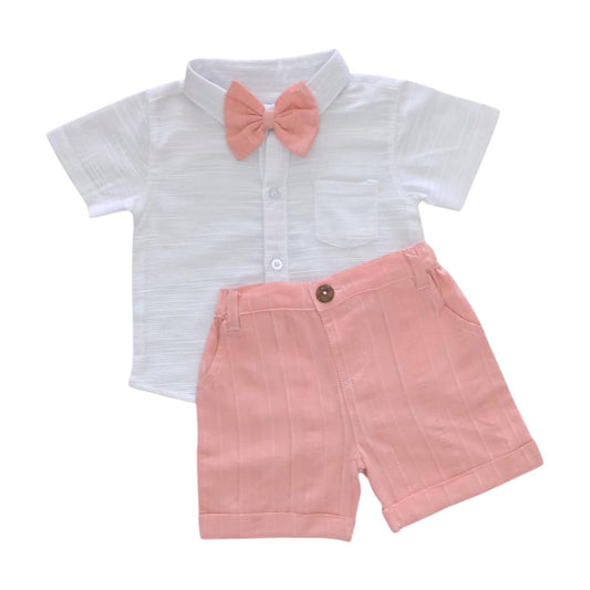 Boy's Outfit - Peach Strip Short, White Shirt & Bow