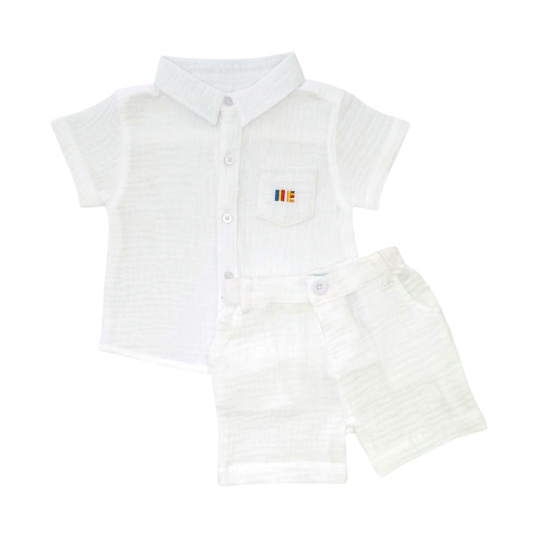 White Muslin Buddhist Flag Embroidered Pocket Shirt & Short Set