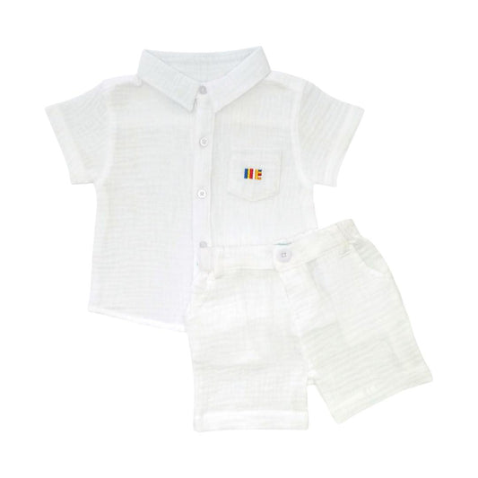 White Muslin Buddhist Flag Embroidered Pocket Shirt & Short Set