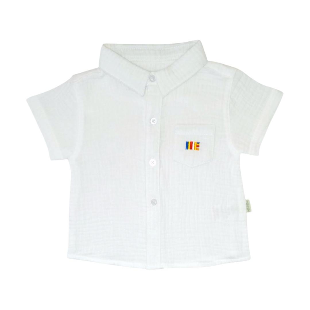 White Muslin Pocket Shirt - Buddhist Flag Embroidered