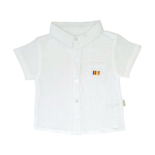 White Muslin Pocket Shirt - Buddhist Flag Embroidered
