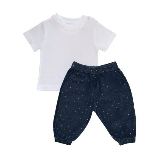 White T - Shirt with Dark Blue Dot Print Pant