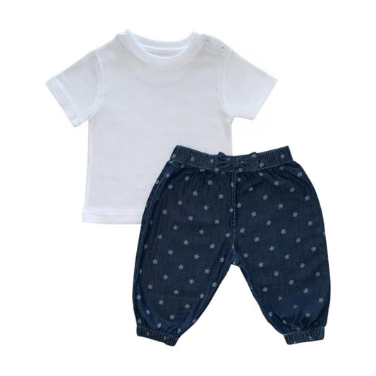White T - Shirt with Dark Blue Flower Print Pant
