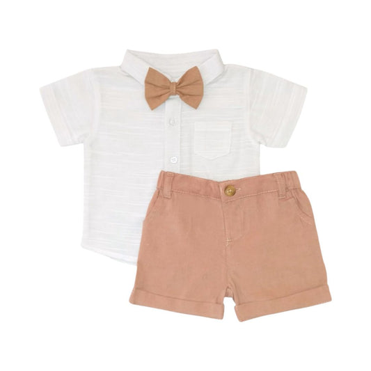 White Strip Shirt & Peach Corduroy Short