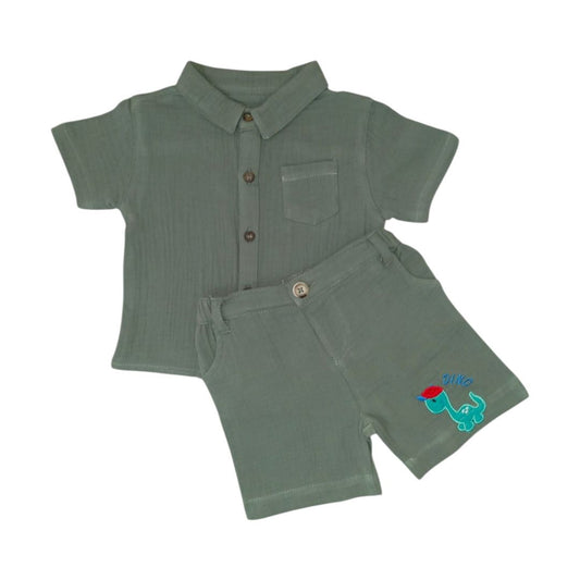 Dark Green Shirt & Dino Embroidered Short Set