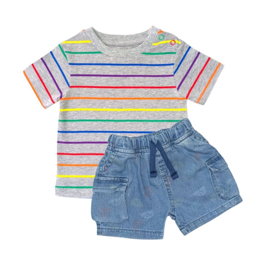 Rainbow Stripe Gray T Shirt with Car Print Denim Short