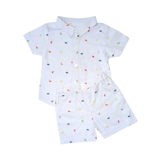 Boy's Dino Print Shirt & Short Set - Blue Stripe