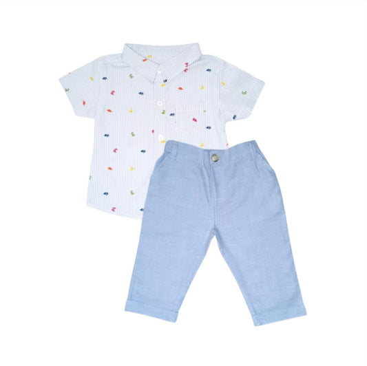 Boy's Dino Print Stripe Shirt & Sky Blue Pant