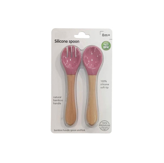 Bamboo Handle Spoon & Fork - Pink