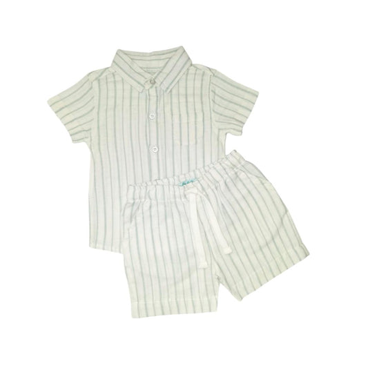 Boy's Shirt & Short Set - Green & White Stripe