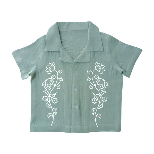 Flower Embroidered Muslin Shirt - Sage Green