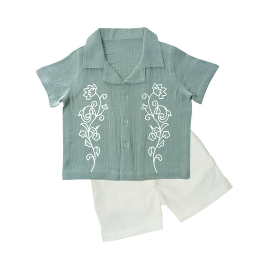 Flower Embroidered Shirt with White Short